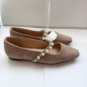 Size 10 FOWT Women Square Toe Slip on Flats Pearl Studded Strap Elegant